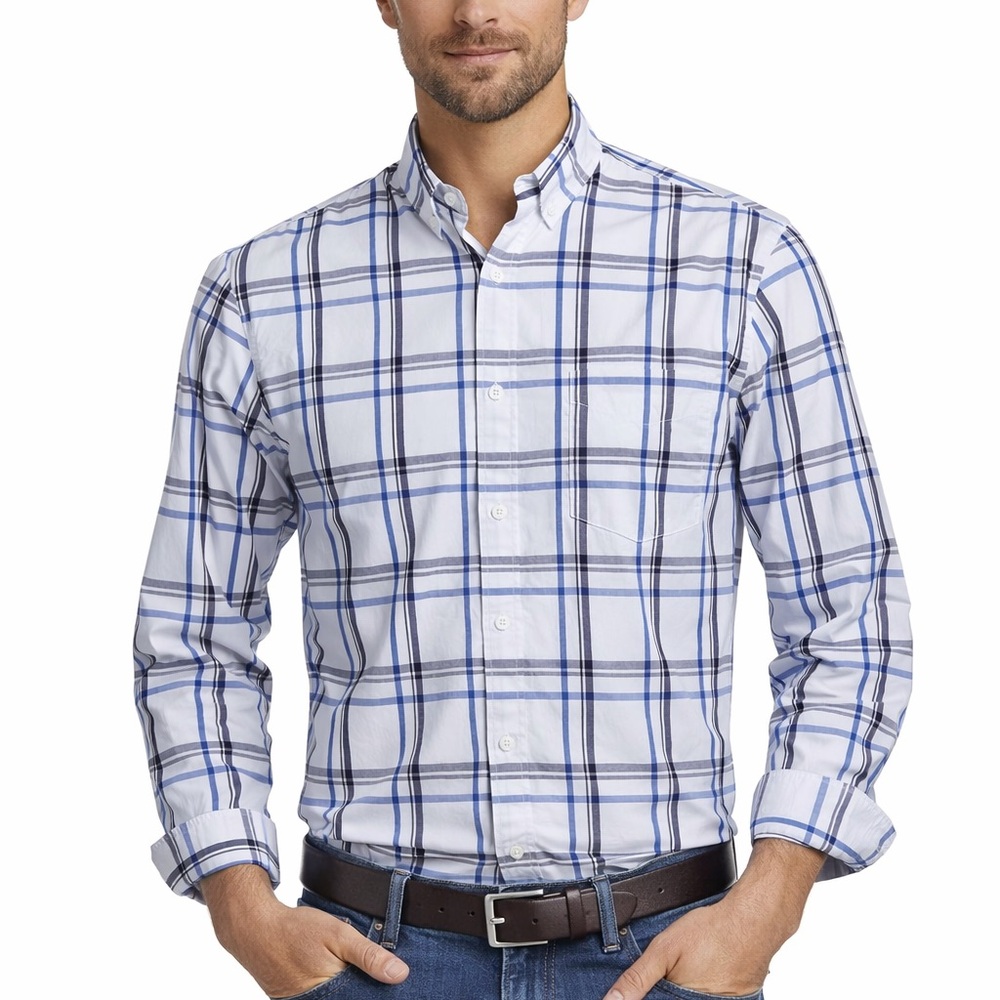 Men’s Blue White Plaid Button Down Shirt Long Sleeve Casual Business Dress